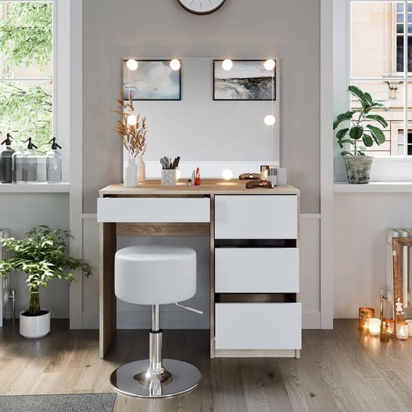 Sherry sminkbord, 90 cm med LED-belysning och pall, Sonoma, Vicco