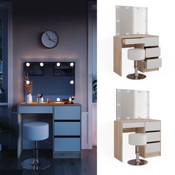 Sherry sminkbord, 90 cm med LED-belysning och pall, Sonoma, Vicco