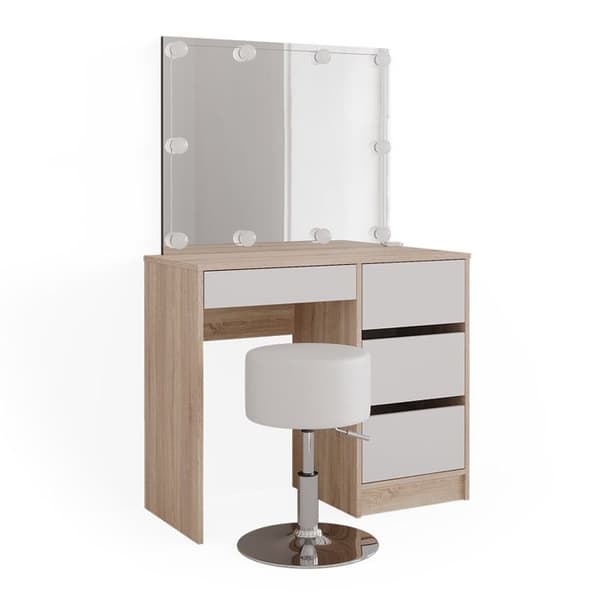 Sherry sminkbord, 90 cm med LED-belysning och pall, Sonoma, Vicco