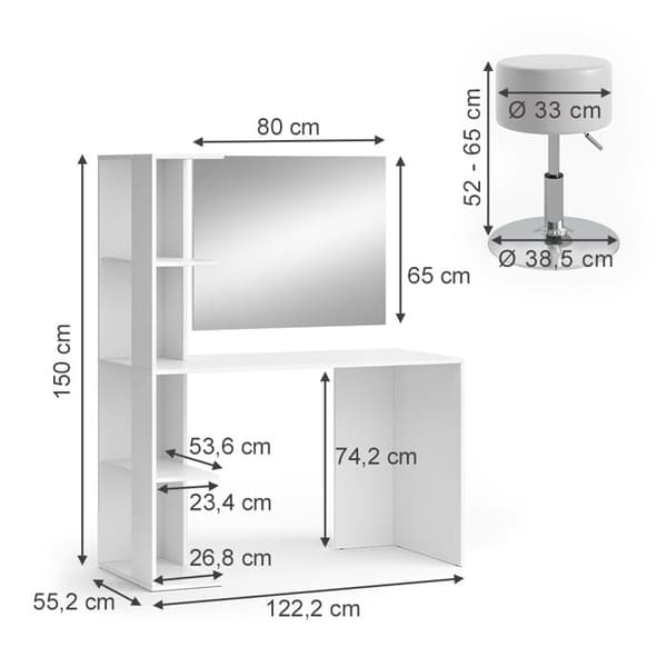 Torntoalettbord, 122,2 cm med spegel och pall, Vit, Vicco