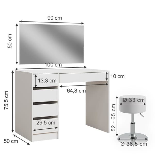 Thalia sminkbord, 100 cm med pall, Vit, Vicco
