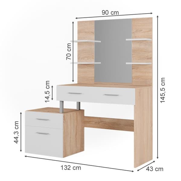 Maria sminkbord, 132 cm, Vit/Sonoma, Vicco