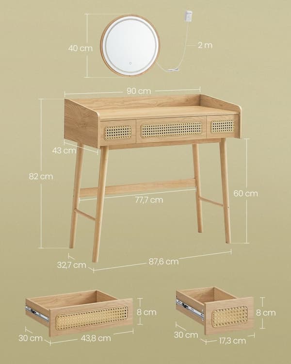 Rootz peilipöytä - Meikkipöytä - Meikkipöytä - LED-valaistus - 43cm x 90cm x 82cm - Massiivipuujalat - MDF - Lastulevy