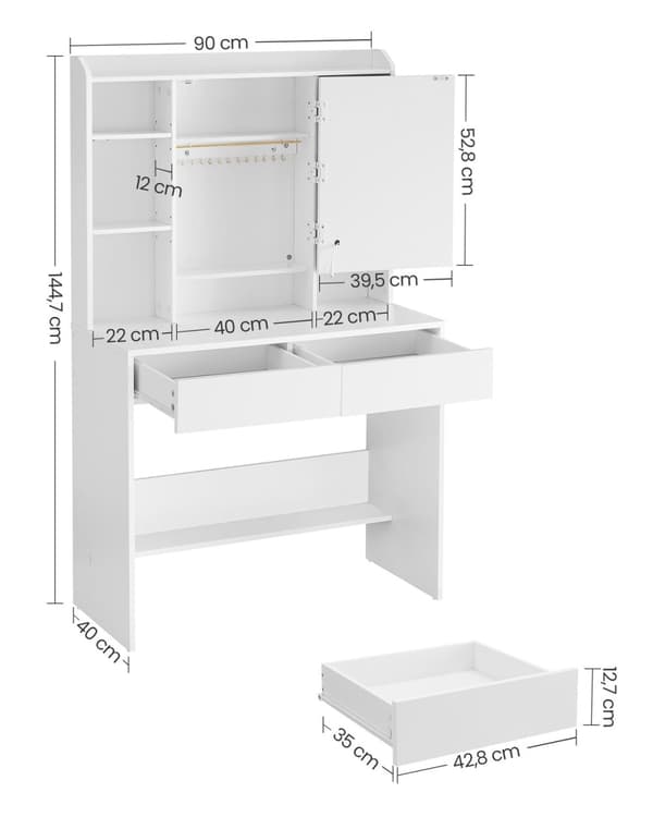 Rootz White Toiletbord - Spånplader - Makeup Skrivebord - Opbevaringsorganer - 40 cm x 90 cm x 144,7 cm - 31,6 kg - 100 kg Belastningskapacitet