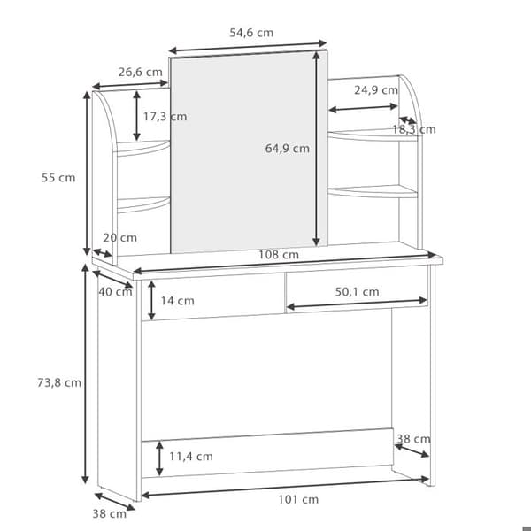 Vicco Charlotte sminkbord, Vit/Sonoma, 108 cm med spegel