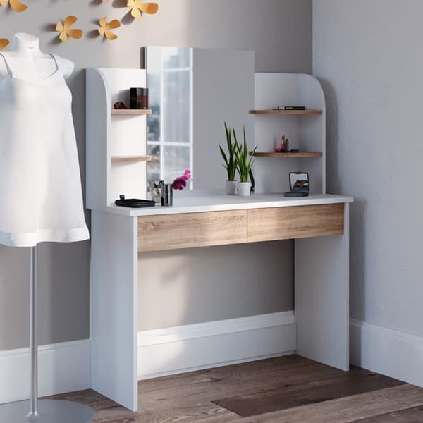 Vicco Charlotte sminkbord, Vit/Sonoma, 108 cm med spegel