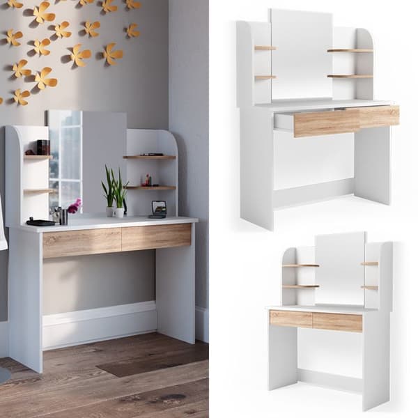 Vicco Charlotte sminkbord, Vit/Sonoma, 108 cm med spegel