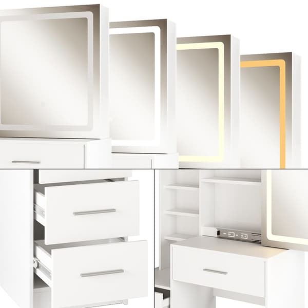 Lisca sminkbord, 80 cm med LED-spegel och pall, Vit, Vicco