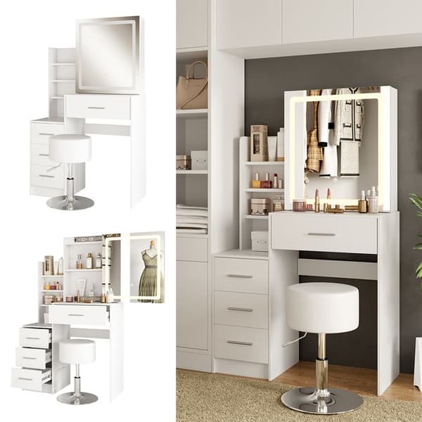 Lisca sminkbord, 80 cm med LED-spegel och pall, Vit, Vicco