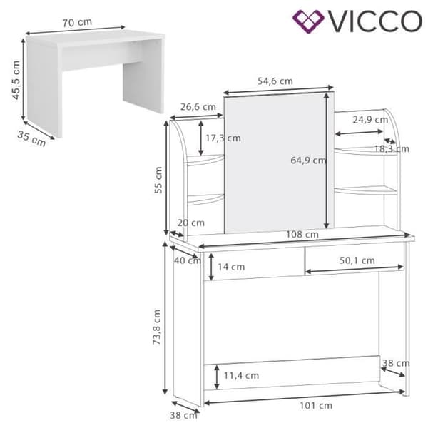 VICCO sminkbord Charlotte White Sonoma med bänk