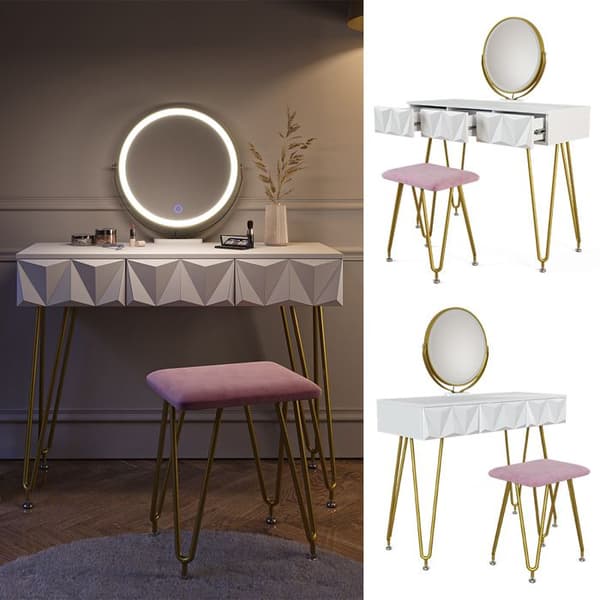 Vicco Ruby sminkbord, Vit, 100 cm med LED-belysning och pall