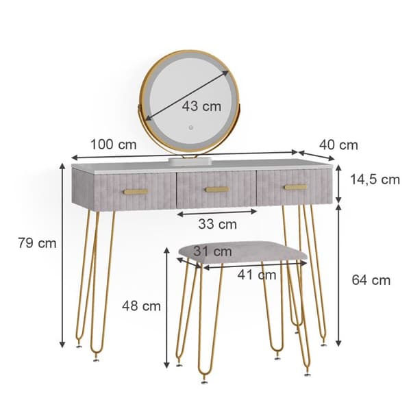 Vicco Layla sminkbord, Grå, 100 cm med LED-belysning och pall