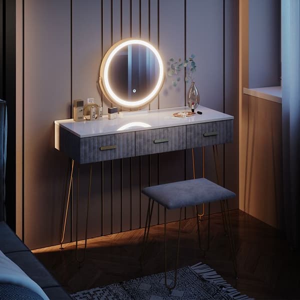 Vicco Layla sminkbord, Grå, 100 cm med LED-belysning och pall