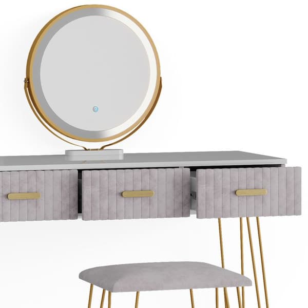 Vicco Layla sminkbord, Grå, 100 cm med LED-belysning och pall