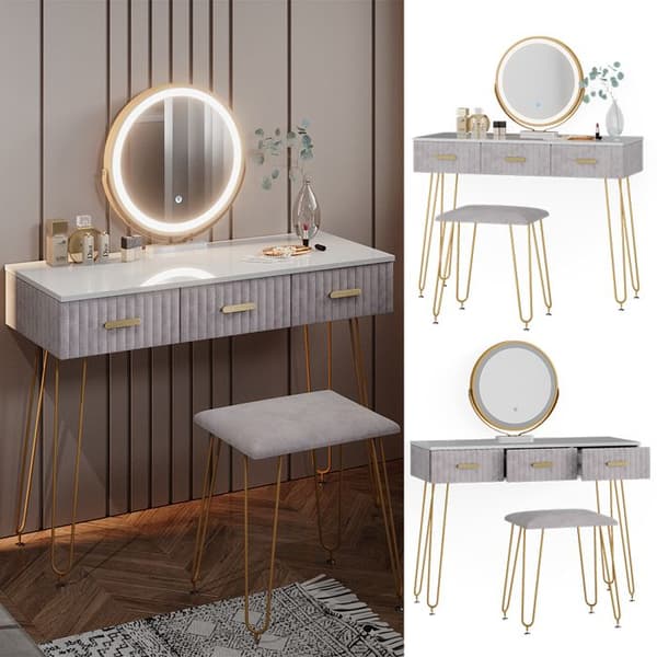 Vicco Layla sminkbord, Grå, 100 cm med LED-belysning och pall
