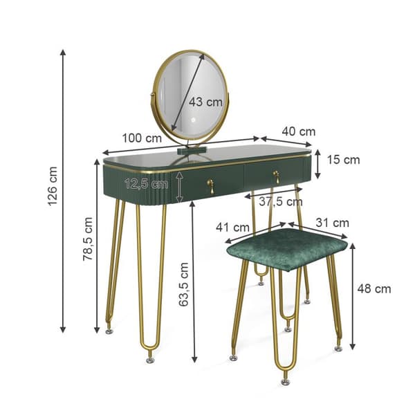 Vicco Grace sminkbord, Mörkgrön Högblank, 100 cm med LED-belysning och pall