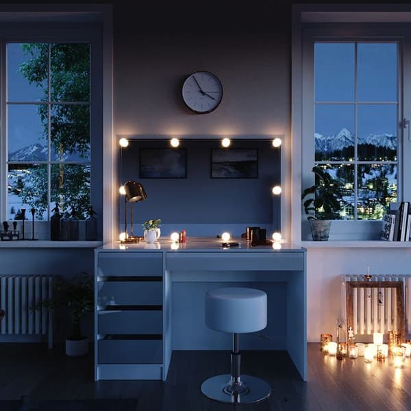Sherry sminkbord, 120 cm med LED-belysning och pall, Vit, Vicco