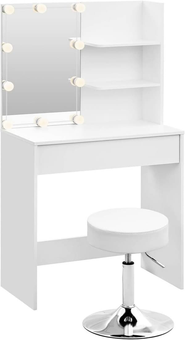 Rootzin turhamaisuussetti valaistulla peilillä - Meikkipöytä - Lipasto - Irrotettava jakaja - LED-lamput - Säädettävä jakkara - Valkoinen - 75cm x 136