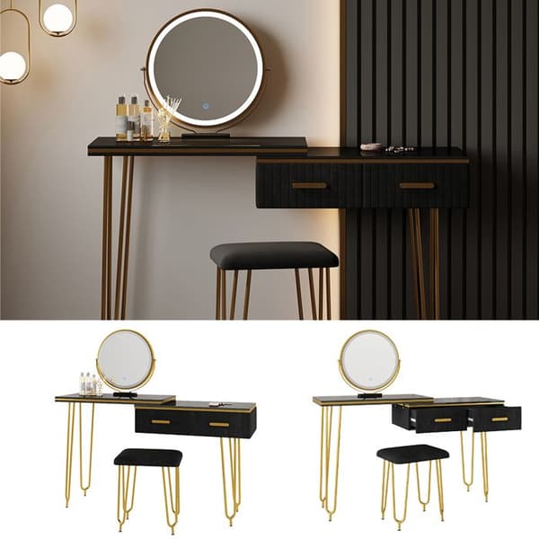 Vicco Zoey sminkbord, Högblank svart, 120 cm med LED-spegel och pall