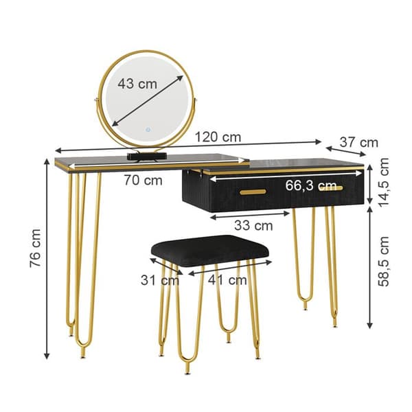 Vicco Zoey sminkbord, Högblank svart, 120 cm med LED-spegel och pall