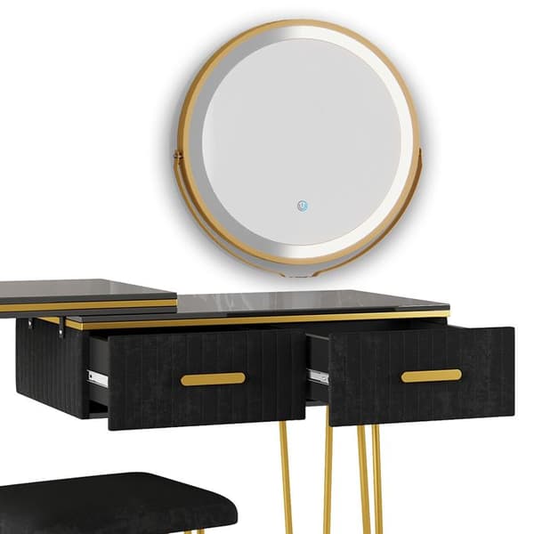 Vicco Zoey sminkbord, Högblank svart, 120 cm med LED-spegel och pall