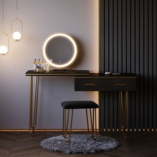 Vicco Zoey sminkbord, Högblank svart, 120 cm med LED-spegel och pall