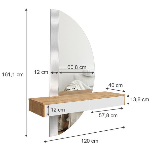 Vicco Melisa sminkbord, Ek, 120 cm med LED-belysning