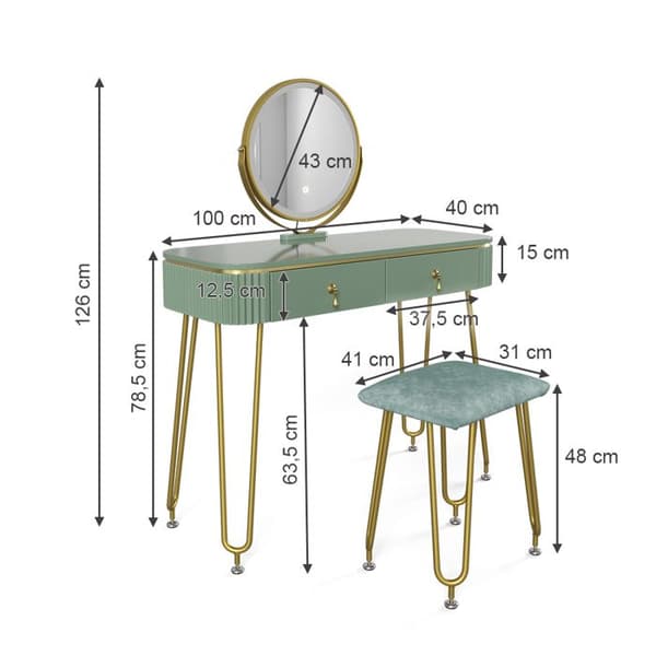 Vicco Grace sminkbord, Högblank grön, 100 cm med LED-belysning och pall
