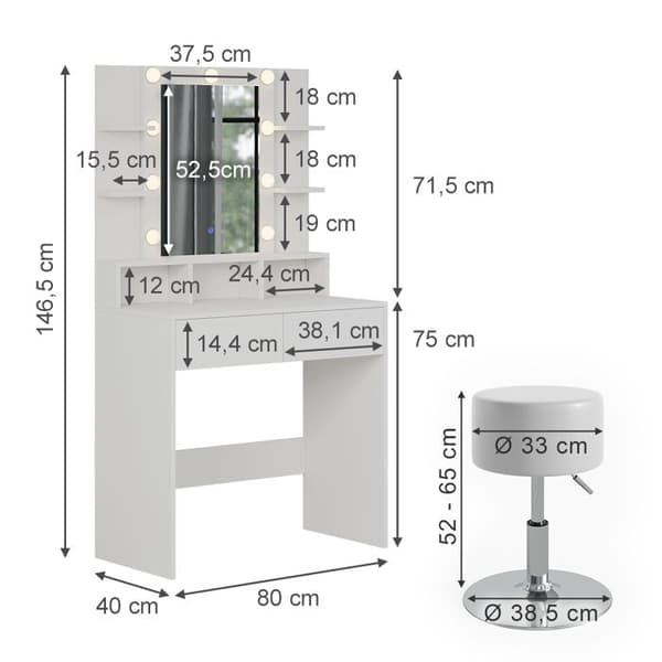 Vicco Taylor sminkbord, Vit, 80 cm med LED-belysning och pall