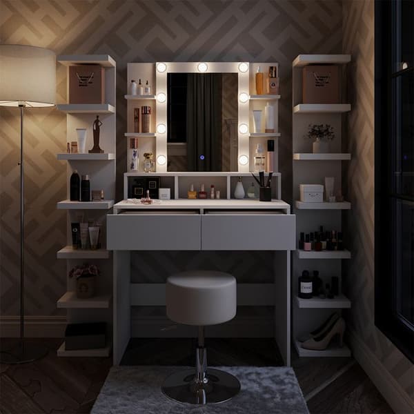 Vicco Taylor sminkbord, Vit, 80 cm med LED-belysning och pall