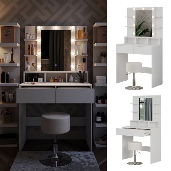 Vicco Taylor sminkbord, Vit, 80 cm med LED-belysning och pall