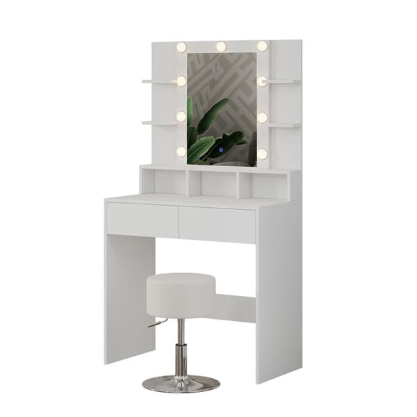 Vicco Taylor sminkbord, Vit, 80 cm med LED-belysning och pall