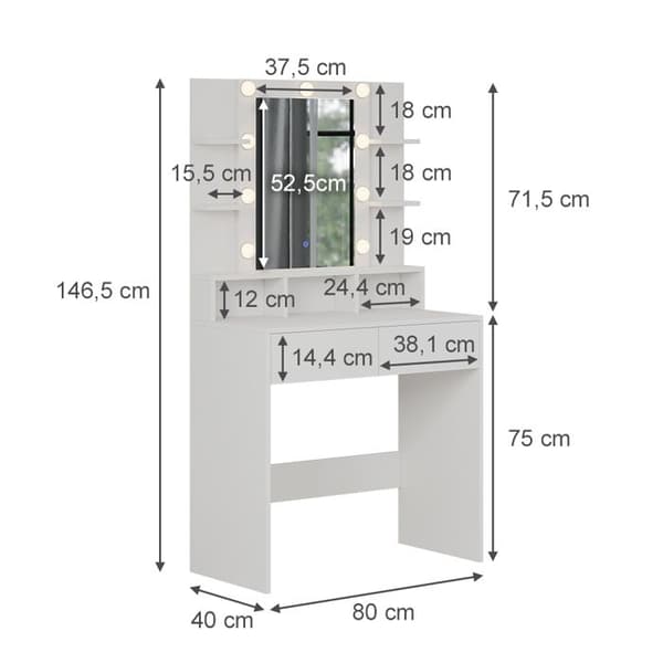 Vicco Taylor sminkbord, Vit, 80 cm med LED-belysning