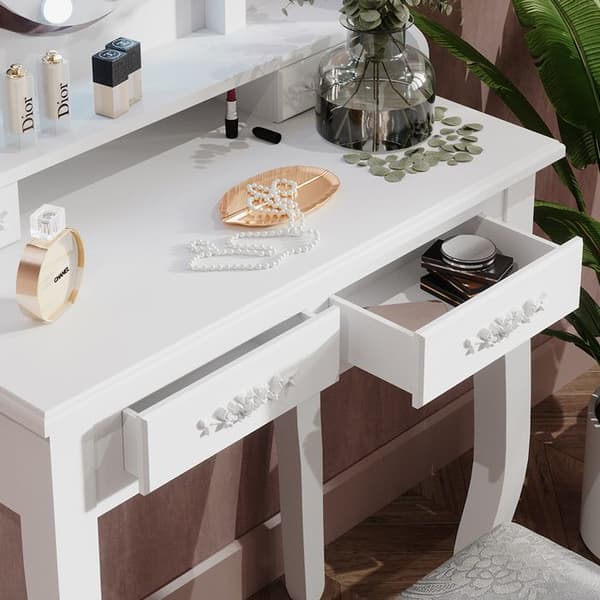 Vicco Maggie sminkbord, Vit, 75 cm med LED-belysning och pall