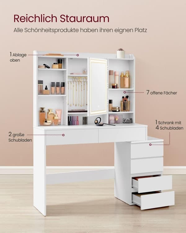 Rootz Toiletbord med LED-lys - Sminkebord - Makeup skrivebord - Moderne - Cloud White - 120cm x 60cm x 75cm