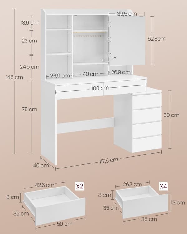 Rootz Toiletbord med LED-lys - Sminkebord - Makeup skrivebord - Moderne - Cloud White - 120cm x 60cm x 75cm