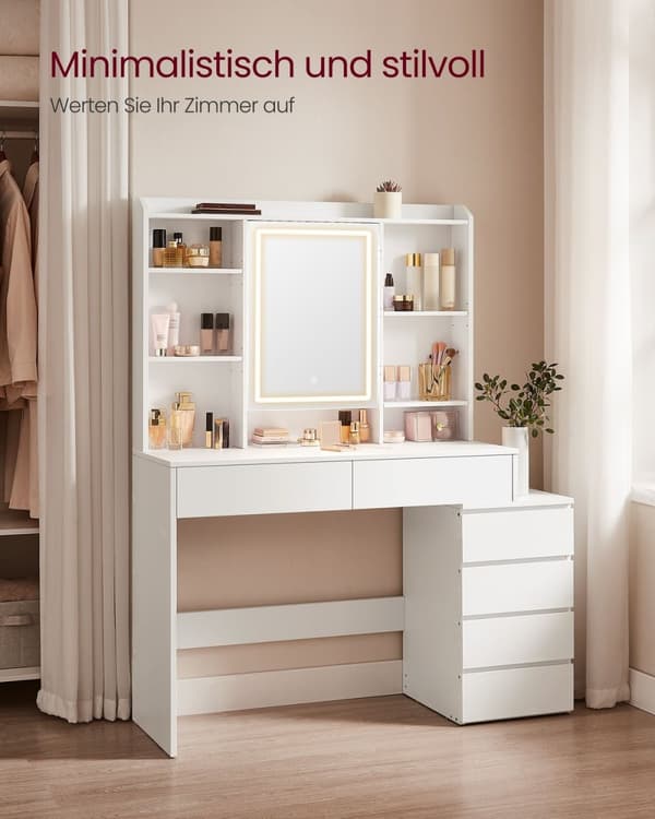 Rootz LED sminkebord - Moderne vaskebord - Oplyst makeup skrivebord - Spånplade - 40 cm x 117 cm x 145 cm - Cloud White