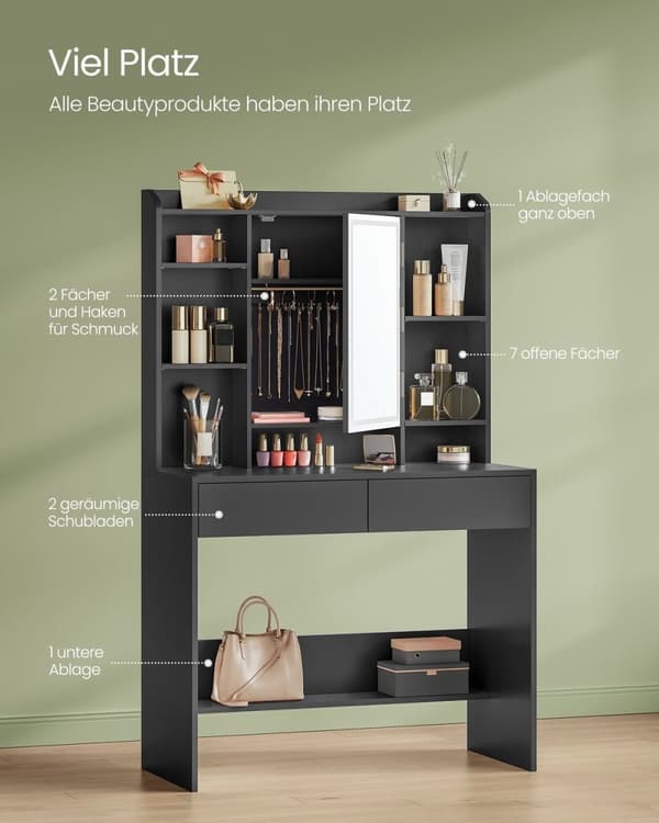 Rootz vaskebord med lys - Makeup skrivebord - Oplyst spejl - Opbevaringsskuffer - 100 cm x 50 cm x 75 cm