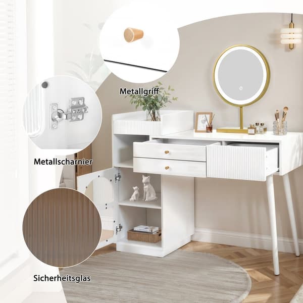 Toiletbord med spejl og LED-belysning - 3 skuffer og et sideskab - hvid (skammel medfølger ikke)