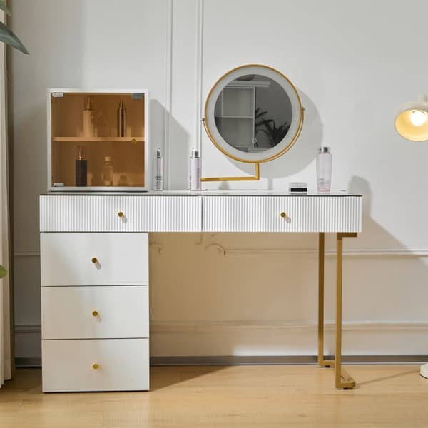 Toiletbord med spejl og LED - 5 skuffer og glasdisplay - hvid (skammel medfølger ikke)