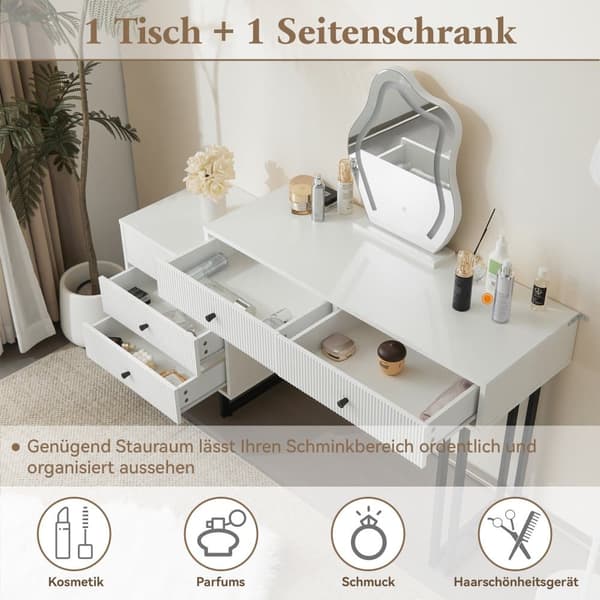 Schminktisch mit LED-Spiegel – 2 Schubladen und ein abnehmbarer Schrank – Weiß (Hocker nicht im Lieferumfang enthalten)
