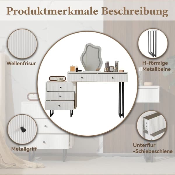 Schminktisch mit LED-Spiegel – 2 Schubladen und ein abnehmbarer Schrank – Weiß (Hocker nicht im Lieferumfang enthalten)