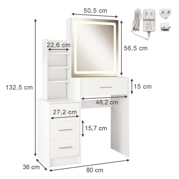 Lisca sminkbord, 80 cm med LED-spegel, Vit, Vicco