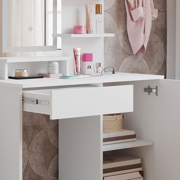 Vicco Julia Sminkbord, Vit, 90 cm med LED-spegel och QI laddstation