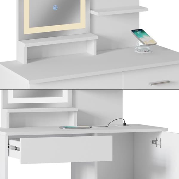 Vicco Julia Sminkbord, Vit, 90 cm med LED-spegel och QI laddstation