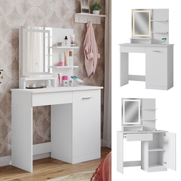 Vicco Julia Sminkbord, Vit, 90 cm med LED-spegel och QI laddstation