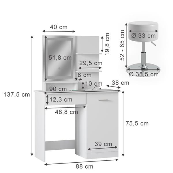 Vicco Julia sminkbord, Vit, 90 cm med LED-spegel, QI-laddare och pall