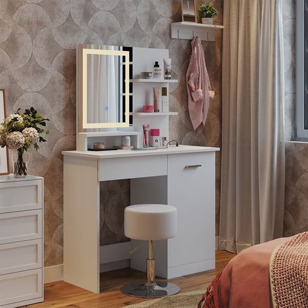 Vicco Julia sminkbord, Vit, 90 cm med LED-spegel, QI-laddare och pall