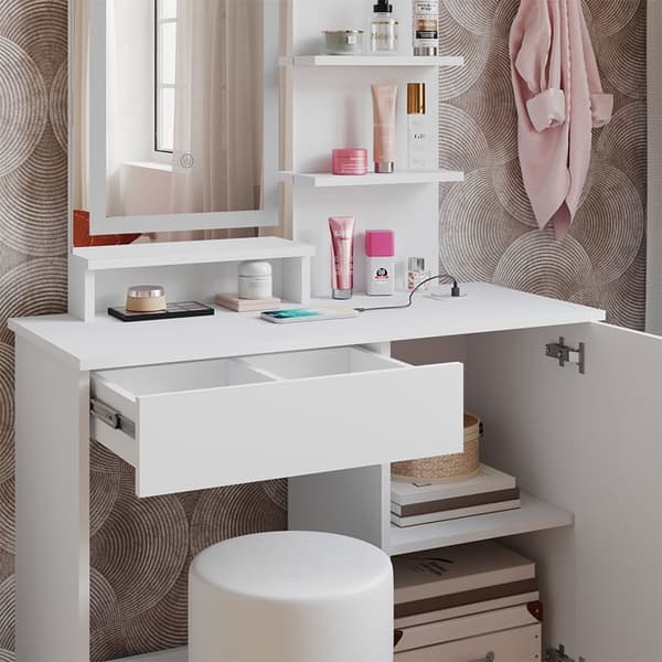 Vicco Julia sminkbord, Vit, 90 cm med LED-spegel, QI-laddare och pall