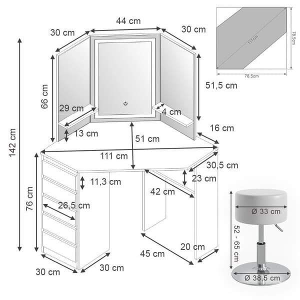 Vicco Arielle sminkbord, Vit, 111 cm med LED-spegel och pall